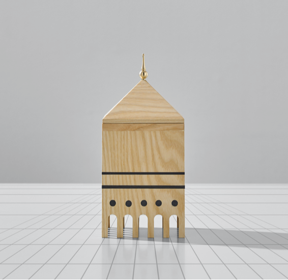 A ML Utopia Collection Square Box by Madlab, handmade out of wood, representing a mosque on a tiled floor.