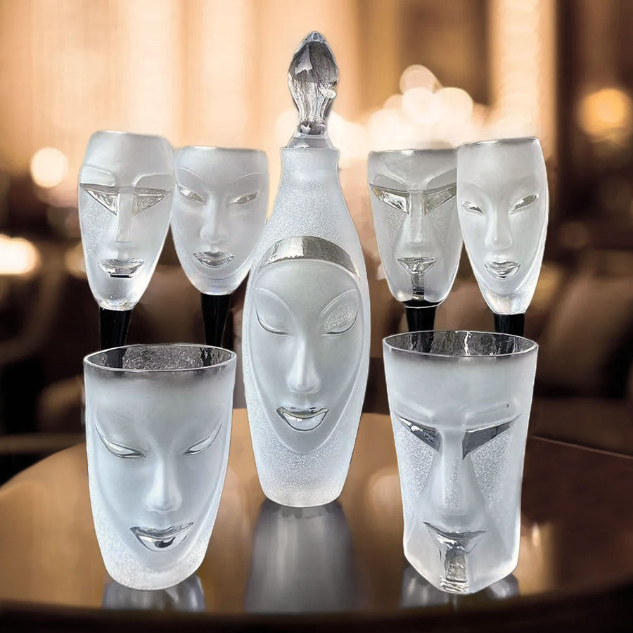 Maleras Crystal Champagne Glass Electra Clear with other drink ware accessories and decanter from Masque collection in luxury interior for modern interiors available at Spacio India from Bar Accessories Collection.