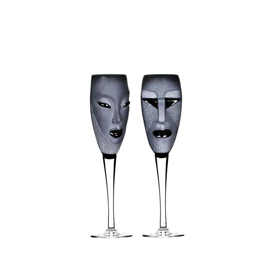 Maleras Crystal Champagne Glass Electra Black with Kubik Black from Masque collection on a white back ground for modern interiors available at Spacio India from the Drink ware of Bar Accessories Collection.