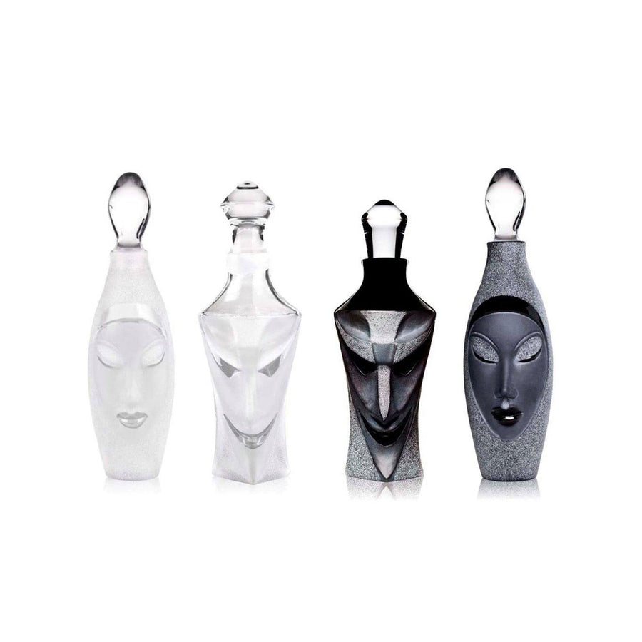 Maleras Crystal Electra Black Decanter with other decanters from Masque collection on a white back ground for modern interiors available at Spacio India Bar Accessories Collection.