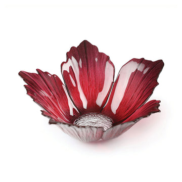 A handmade Maleras Crystal Fleur Bowl Large, featuring a red and white flower design, displayed on a white surface.