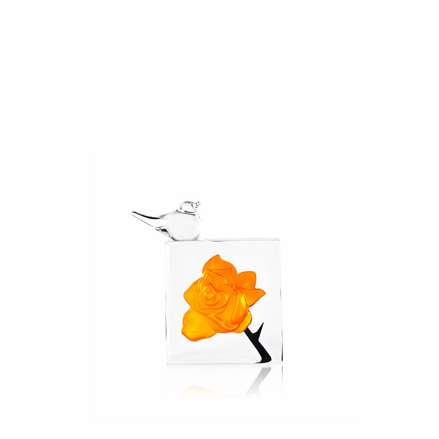 Clear Bird Orange Rose Crystal Sculpture by Ludvig Lofgren from Maleras, Sweden available at Spacio India for Luxury Home Decor Sculpture & Art Objects Collection