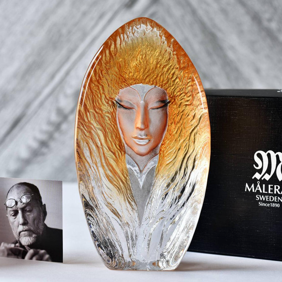 Maleras Crystal Dawn Gold Sculpture with Mats Jonasson photo on a white surface in modern interior available at Spacio India from Sculpture and Art Objects Collection.