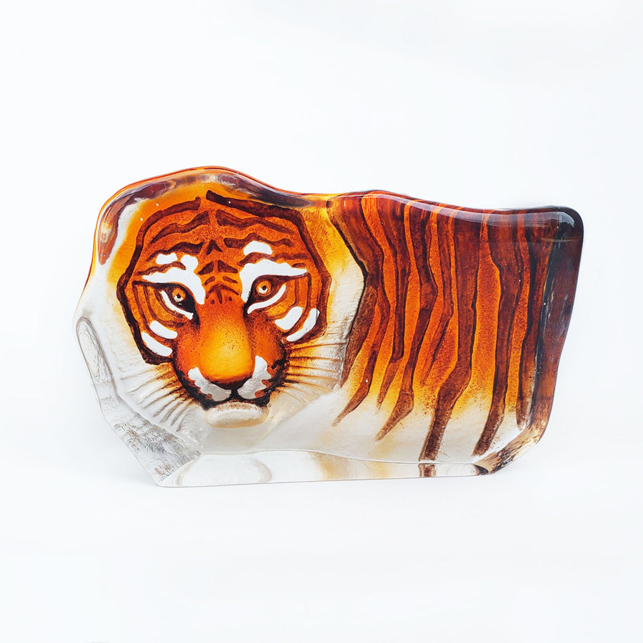 Maleras Crystal Sculpture Tiger Orange on a white background, available at Spacio India from the Sculptures and Art Objects Collection