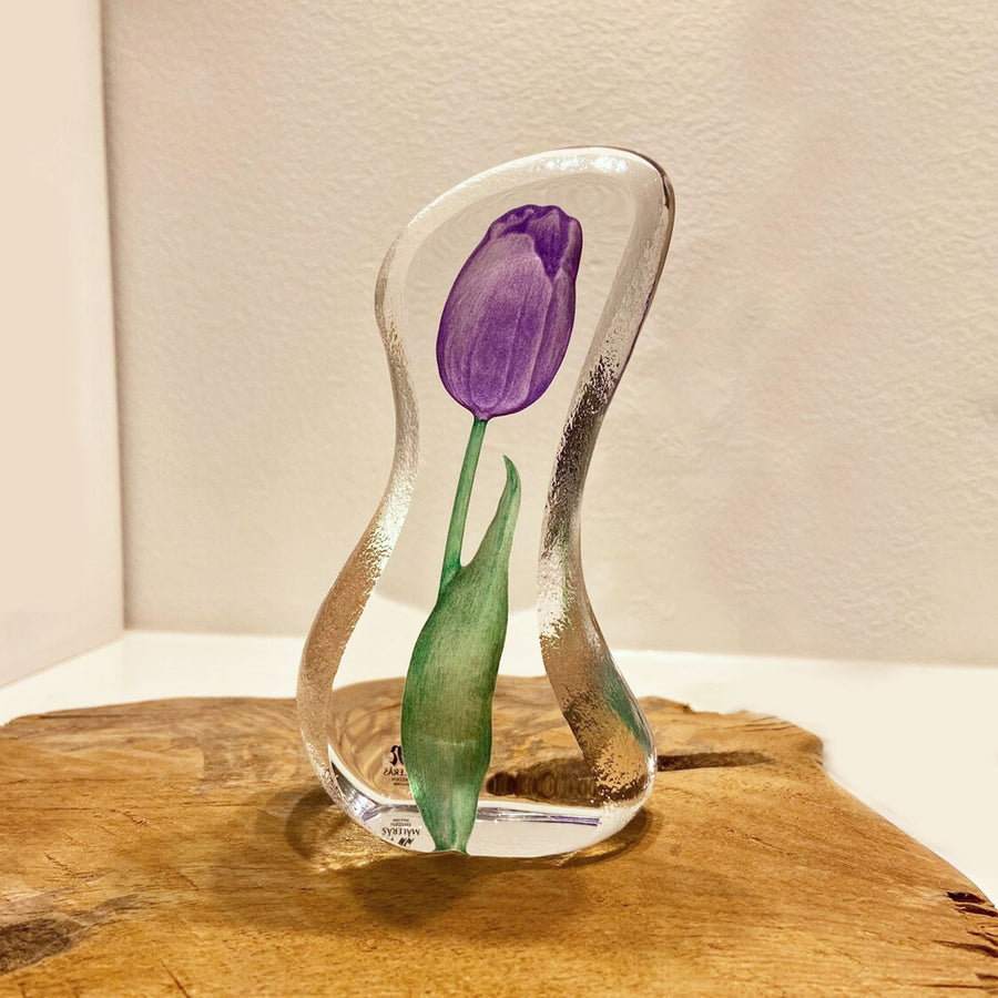 Back look of Maleras Crystal Sculpture Tulip Purple Small on a wooden table top, available at Spacio India from the Sculptures and Art Objects Collection