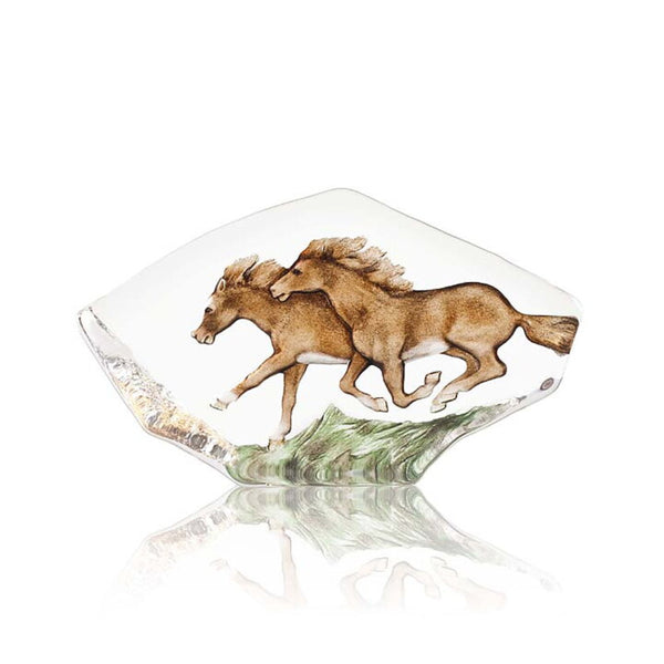 Maleras Small Brown Crystal Horses Glass Sculpture (Limited Edition), clear background highlighting the finely engraved and painted motif of two galloping horses, Swedish art crystal by Maleras, offered by Spacio India.