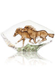Maleras Small Brown Crystal Horses Glass Sculpture (Limited Edition), clear background highlighting the finely engraved and painted motif of two galloping horses, Swedish art crystal by Maleras, offered by Spacio India.