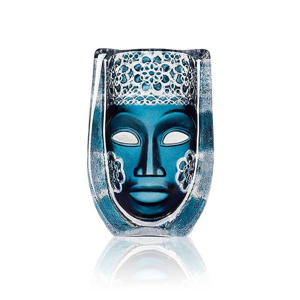 Maleras Malik Swedish Crystal Art limited edition sculpture, front view highlighting intricate floral motif and teal blue painted cast crystal, available at Spacio India.