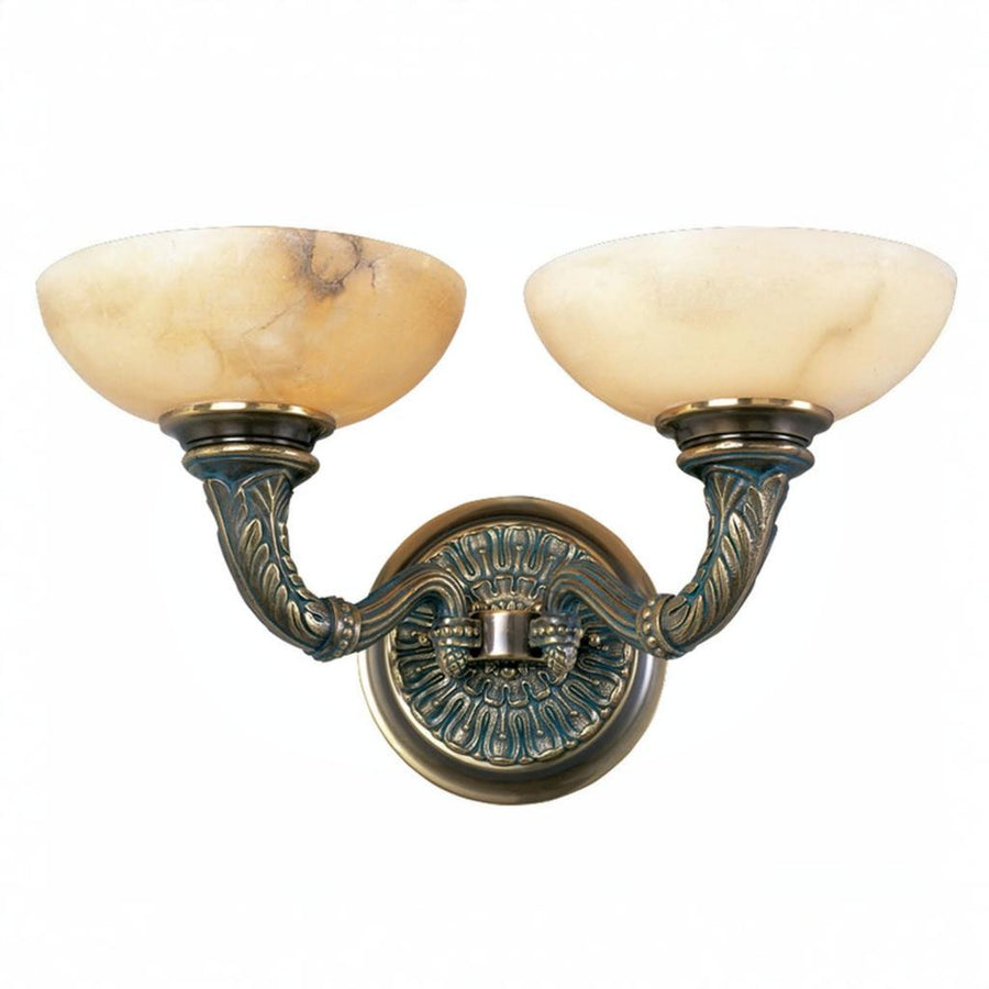 Decorative wall sconce with two light fixtures on a white background
