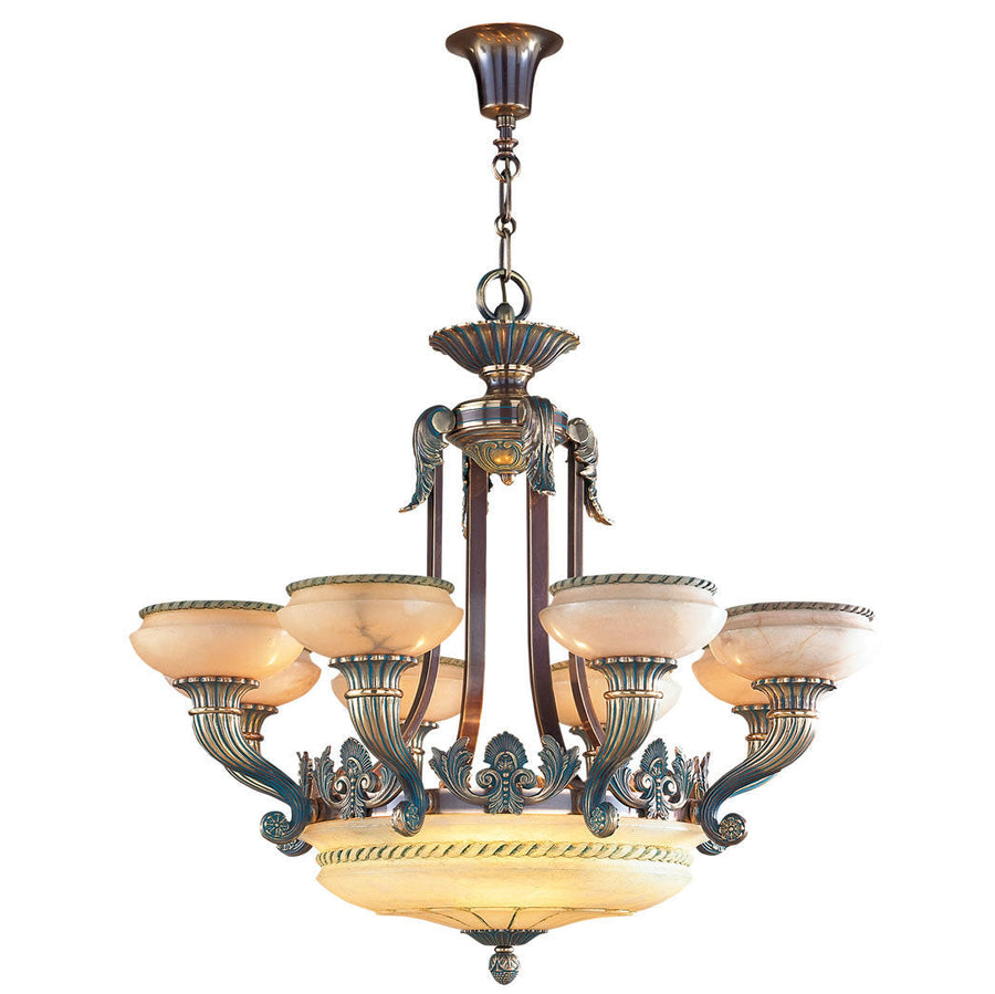 Decorative chandelier in white alabaster with intricate design on a white background from Mariner available at Spacio in India. 