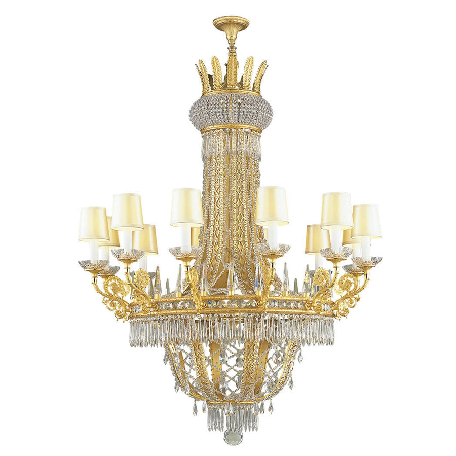 Brass and Scholer crystal chandelier on a white background from Mariner available at Spacio in India. 