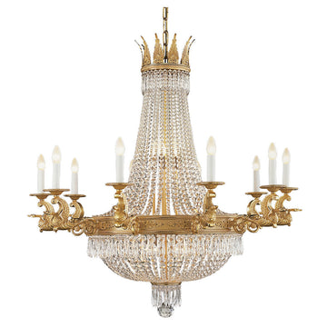 Ornate chandelier with Scholer crystal details and gold accents on a white background by Mariner available at Spacio retail stores in Mumbai & Kolkata. 