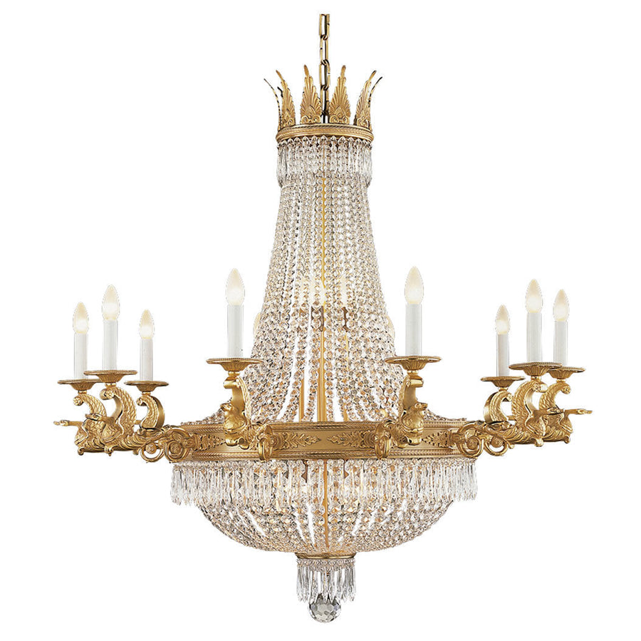 Ornate chandelier with Scholer crystal details and gold accents on a white background by Mariner available at Spacio retail stores in Mumbai & Kolkata. 