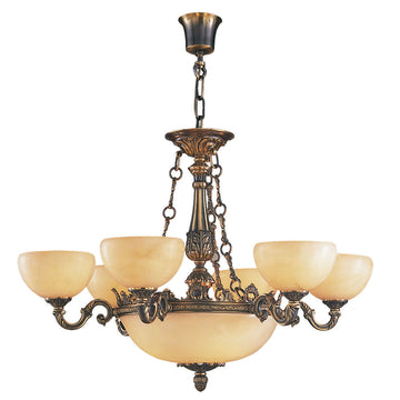 Decorative classic chandelier in bronze and white alabaster with six light bulbs on a white background by Mariner available at Spacio retail store in India. 