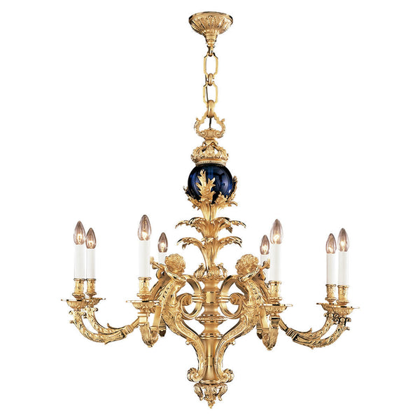 Decorative classic chandelier in antique bronze with crystal embellishments and eight light bulbs on a white background by Mariner, available at Spacio retail store in India.