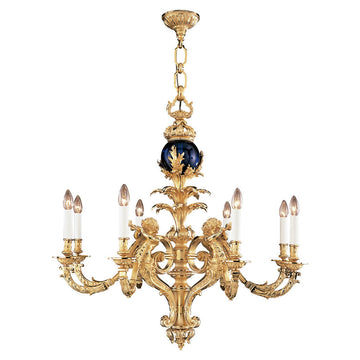 Decorative classic chandelier in antique bronze with crystal embellishments and eight light bulbs on a white background by Mariner, available at Spacio retail store in India.