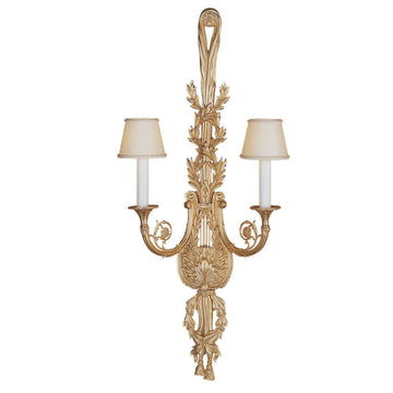 Decorative wall sconce with two candle-style lights on a white background