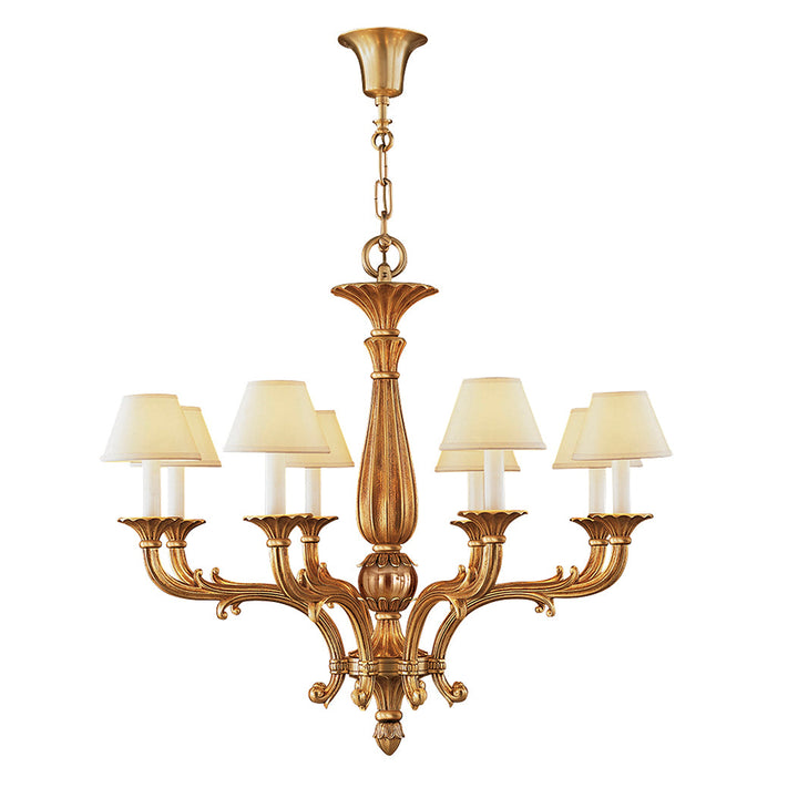 Decorative classic chandelier in bronze with beige fabric shades and eight light bulbs on a white background by Mariner, available at Spacio’s Mumbai & Kolkata retail stores in India.