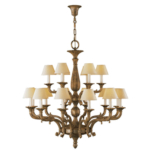 Decorative classic chandelier in bronze with beige fabric shades and eight light bulbs on a white background by Mariner, available at Spacio's Mumbai & Kolkata retail stores in India.