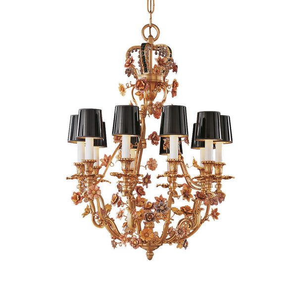 Decorative classic chandelier in bronze with crystal embellishments and eight light bulbs on a white background by Mariner, available at Spacio's Mumbai & Kolkata retail stores in India.