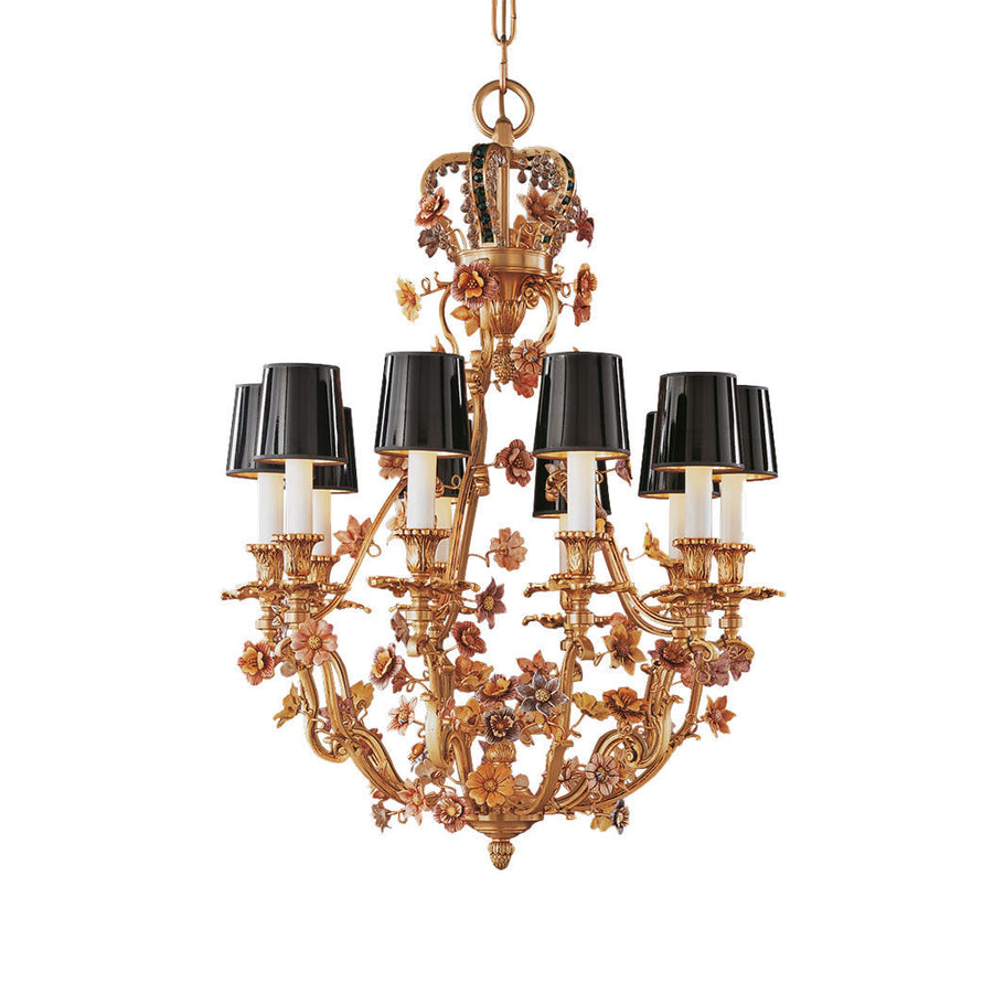 Decorative classic chandelier in bronze with crystal embellishments and eight light bulbs on a white background by Mariner, available at Spacio’s Mumbai & Kolkata retail stores in India.