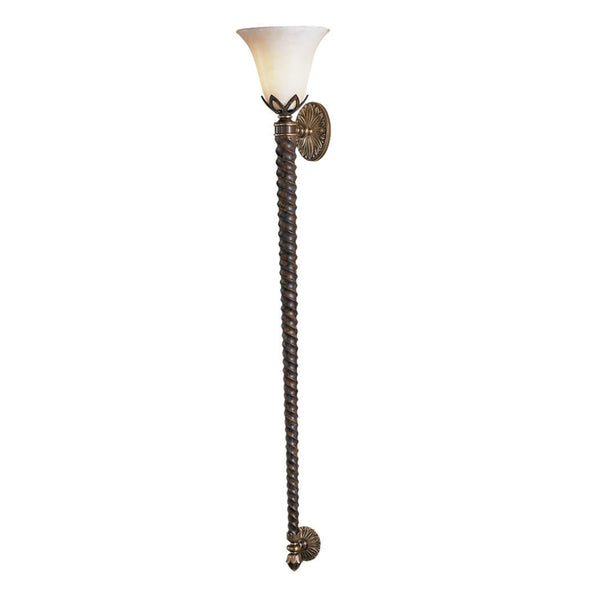 Wall sconce with twisted metal design on a white background