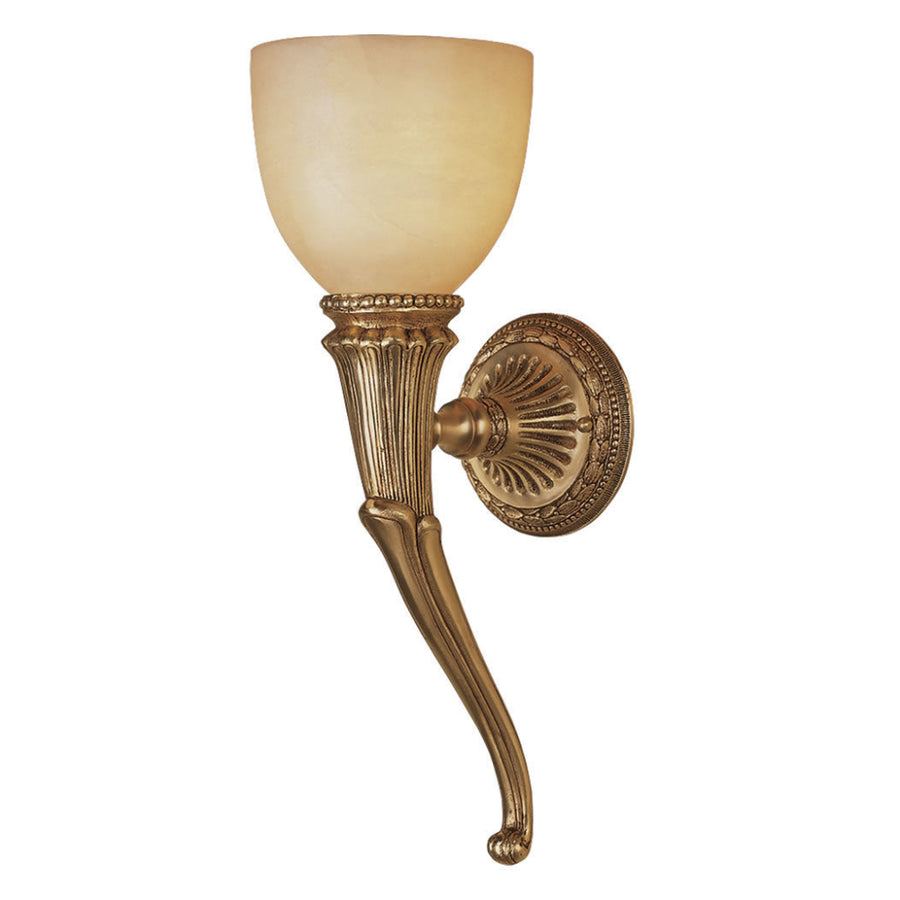 Decorative wall sconce with a beige alabaster shade on a white background
