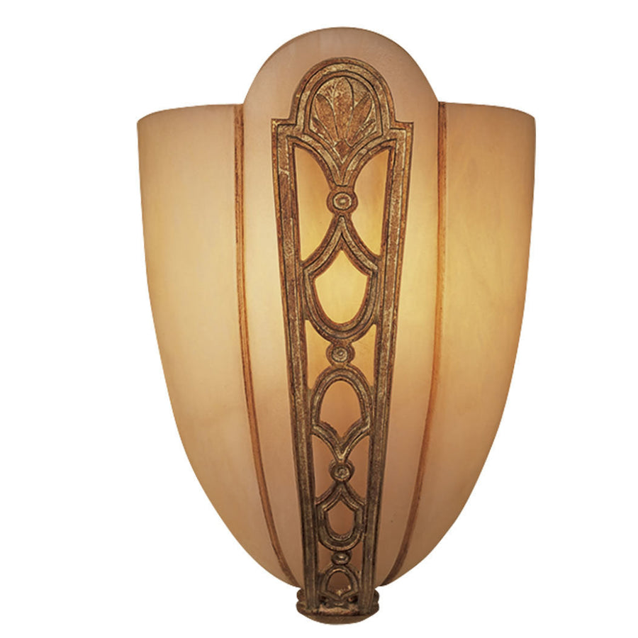 Decorative wall sconce with intricate design on a white background made of bronze and white alabaster by Mariner available at Spacio in India. 