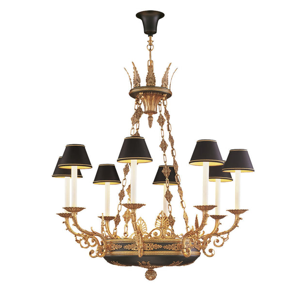 Decorative classic chandelier in antique bronze and eight arms on a white background by Mariner, available at Spacio's Mumbai & Kolkata retail stores in India.
