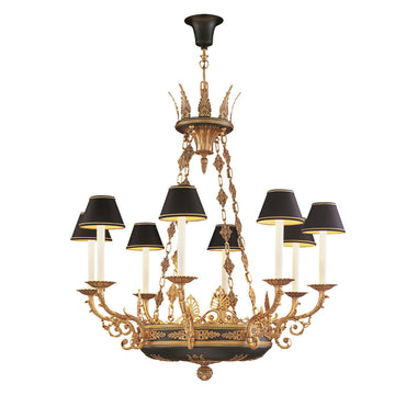 Decorative classic chandelier in antique bronze and eight arms on a white background by Mariner, available at Spacio’s Mumbai & Kolkata retail stores in India.