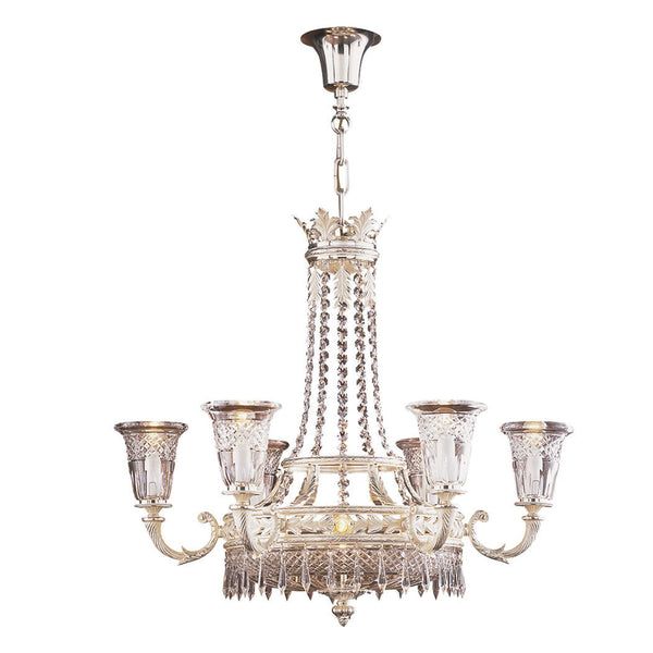 Decorative classic chandelier in bronze and Scholer crystals with nine arms on a white background by Mariner, available at Spacio's Mumbai & Kolkata retail stores in India.