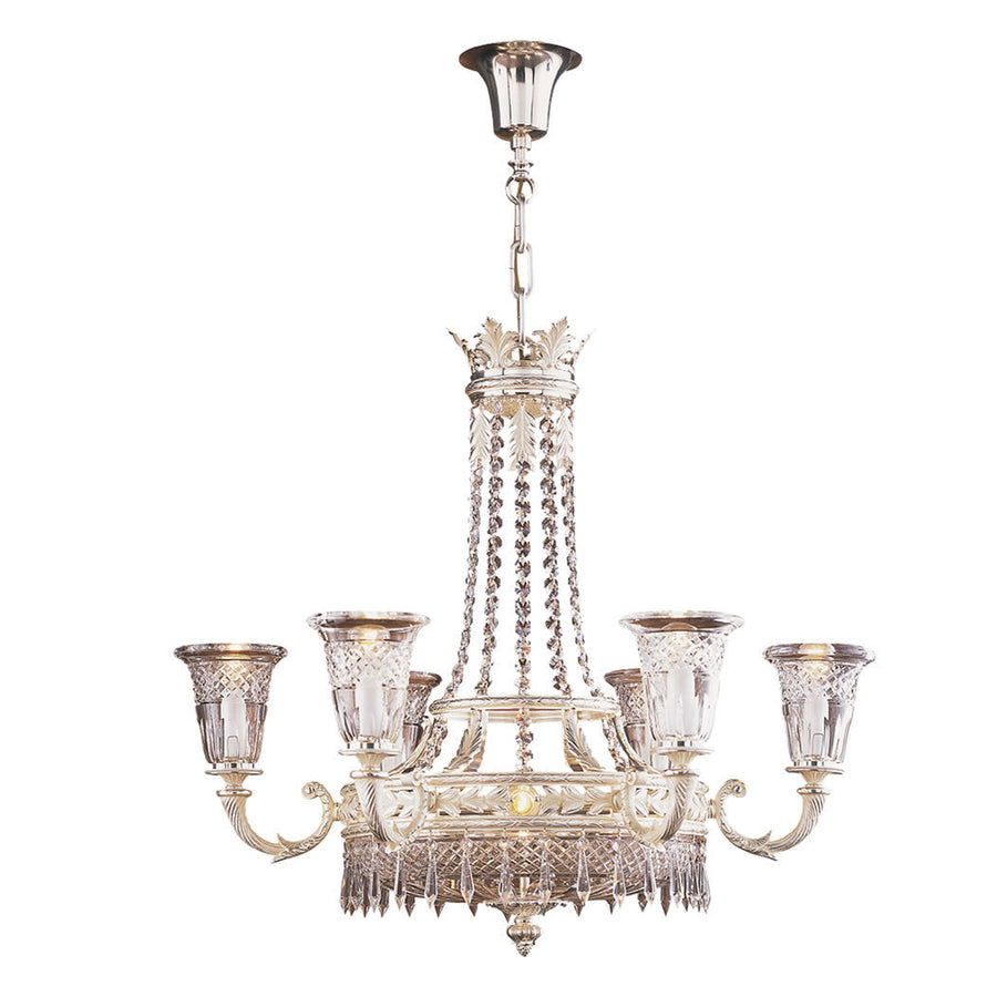 Decorative classic chandelier in bronze and Scholer crystals with nine arms on a white background by Mariner, available at Spacio’s Mumbai & Kolkata retail stores in India.