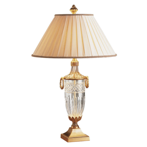 Decorative table lamp with a glass base and pleated shade on a white background