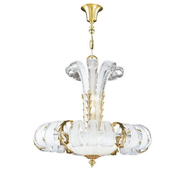 Luxury chandelier with clear glass and gold accents on a white background