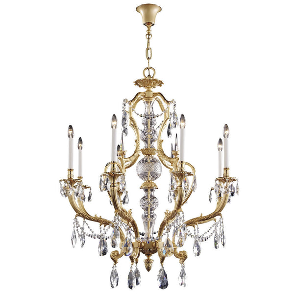 Decorative classic chandelier in bronze with crystal accents and multiple arms on a white background by Mariner, available at Spacio's Mumbai & Kolkata retail stores in India.