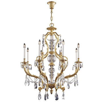 Decorative classic chandelier in bronze with crystal accents and multiple arms on a white background by Mariner, available at Spacio’s Mumbai & Kolkata retail stores in India.