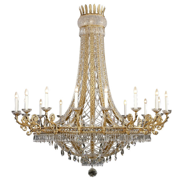 Decorative classic chandelier in bronze with eighteen arms on a white background by Mariner, available at Spacio's Mumbai &?Kolkata retail stores in India.