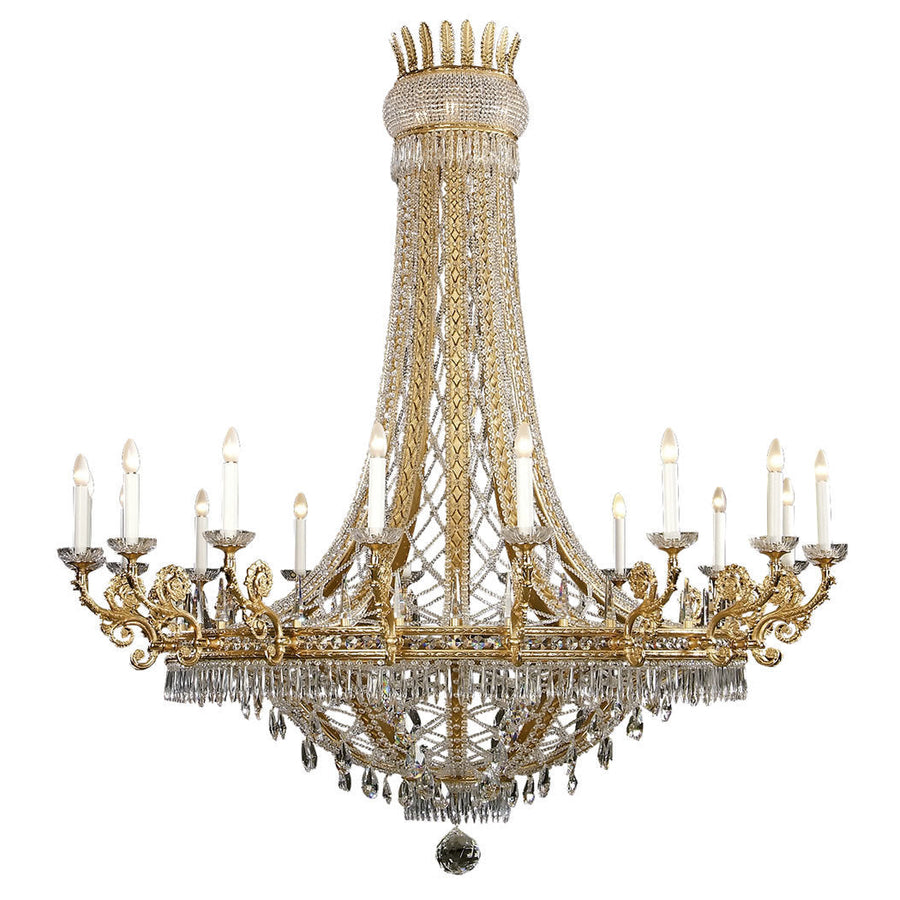Decorative classic chandelier in bronze with eighteen arms on a white background by Mariner, available at Spacio’s Mumbai & Kolkata retail stores in India.