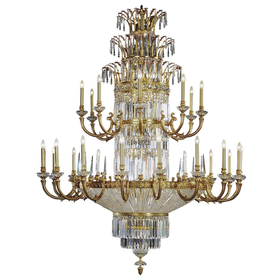 Decorative classic chandelier in bronze and Austrian crystal embellishments on a white background by Mariner, available at Spacio’s Mumbai & Kolkata retail stores in India.