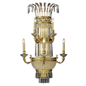 Decorative chandelier with gold and crystal elements on a white background
