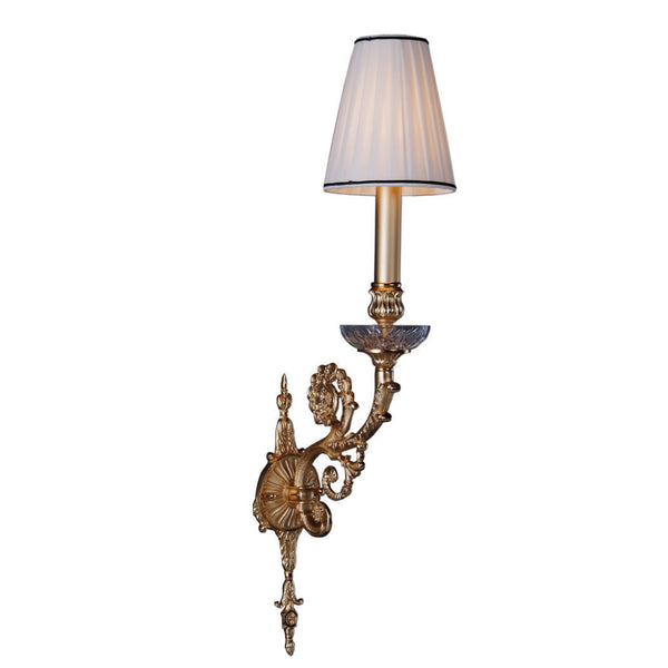 Decorative wall sconce with a white lampshade on a white background