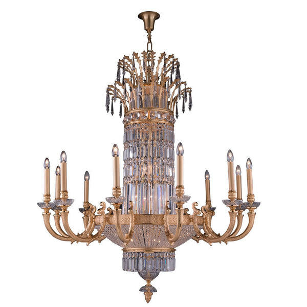 Decorative classic chandelier in bronze with multiple arms on a white background by Mariner, available at Spacio's Mumbai & Kolkata retail stores in India.