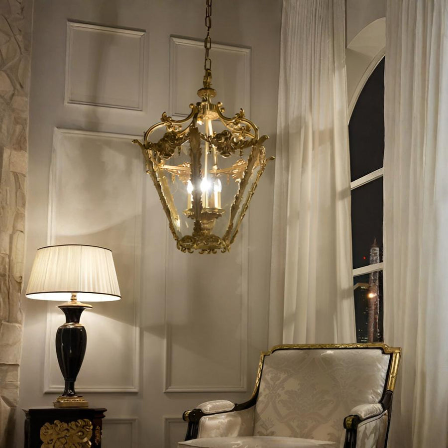 Decorative chandelier hanging above a chair in a room with a lamp and window.