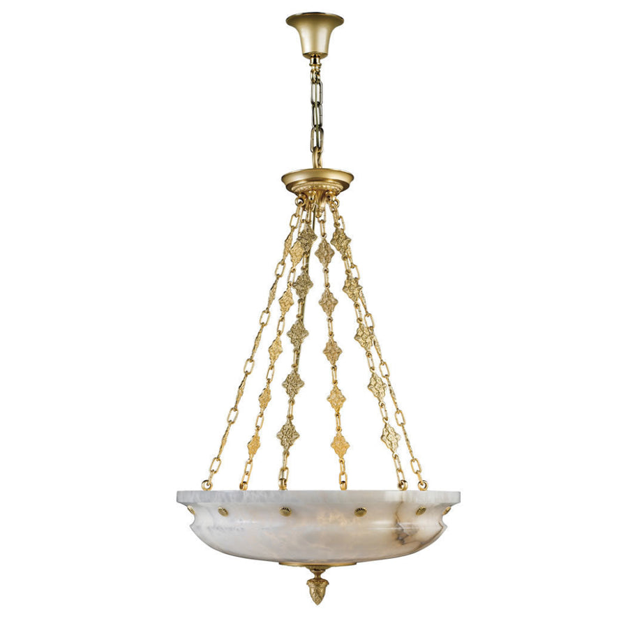 Decorative pendant light with gold chain and marble base on a white background