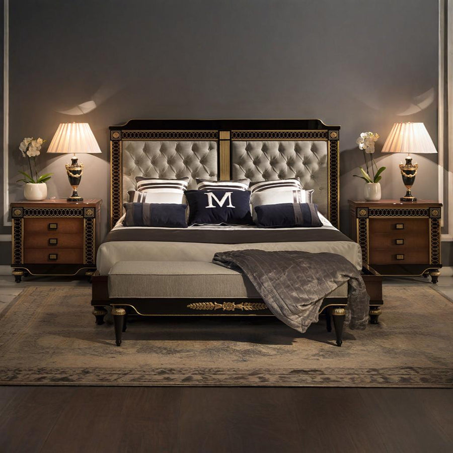 Luxurious bedroom with a large bed, nightstands, and lamps.