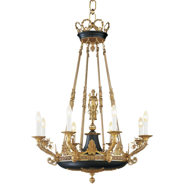 Decorative chandelier with gold and black details on a white background from Mariner available at Spacio retail stores in Mumbai & Kolkata. 