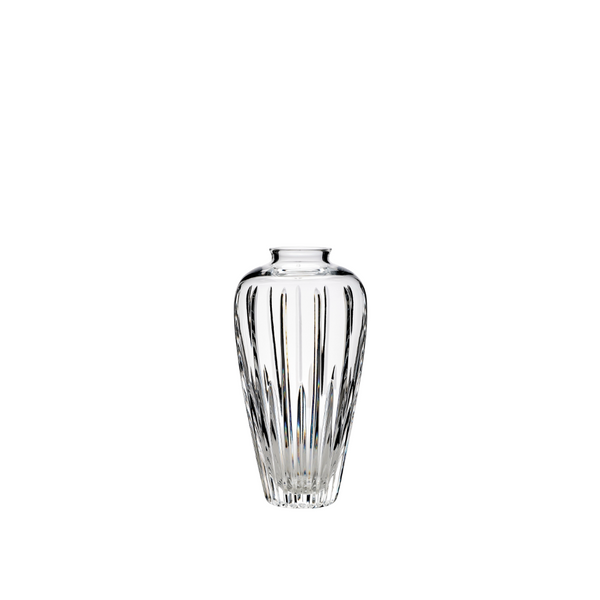 Clear crystal vase on a white background by Mario Cioni, available at Spacio retail stores in India. 