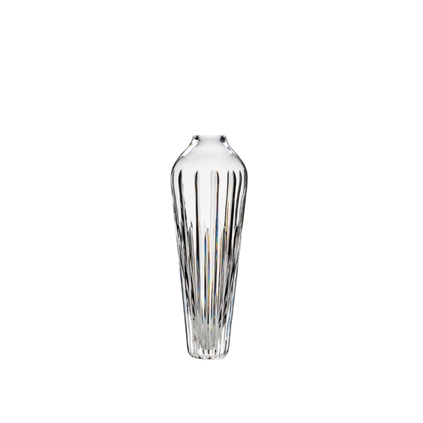 Clear crystal vase on a white background, by Mario Cioni, available at Spacio retail stores in India. 