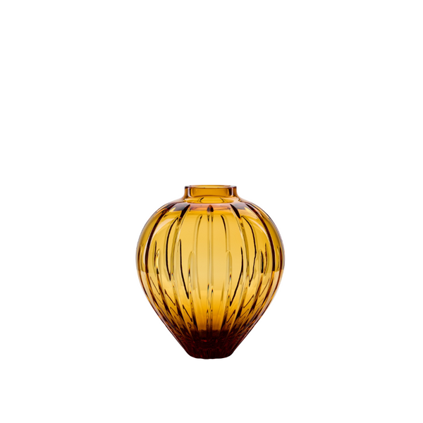 Amber crystal vase on a white background by Mario Cioni, available at Spacio retail stores in India. 