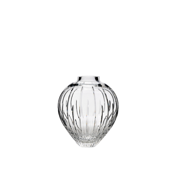 Clear crystal vase on a white background by Mario Cioni, available at Spacio retail stores in India. 